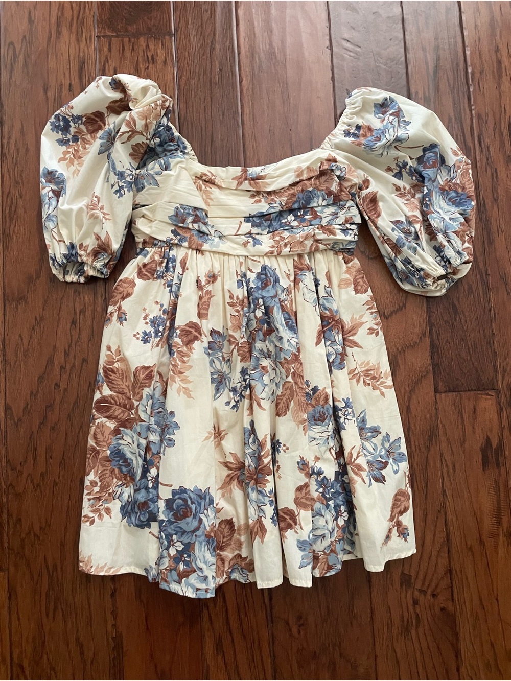Abercrombie & Fitch Cream Floral Puff Sleeve Dress with Blue & Brown Blossoms